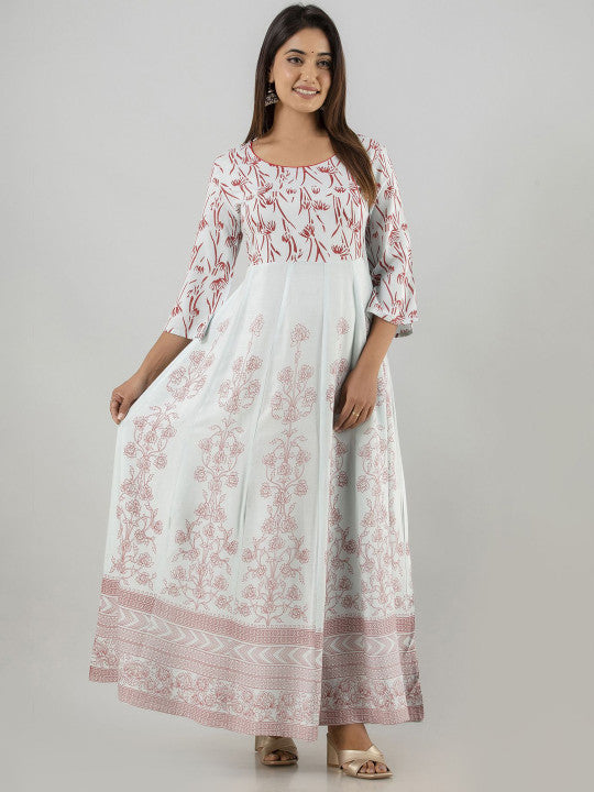 Women Ethnic Motifs Printed Round Neck Block Print Anarkali Kurti