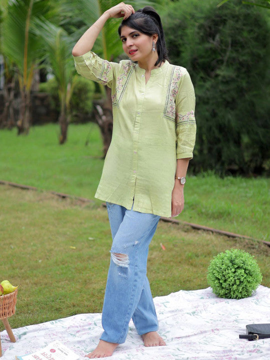 Floral Embroidered Mandarin Collar A-Line Kurti
