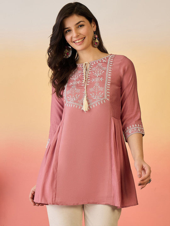 Women Embroidered Tie Up Neck Short Top