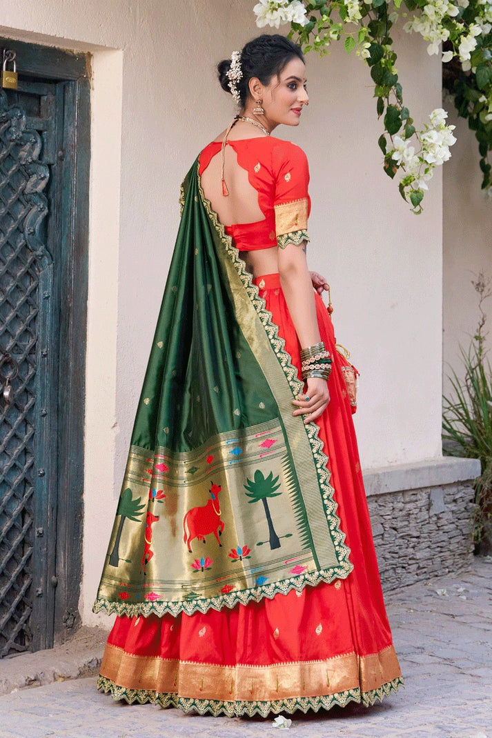 Red Color Half Saree With Green Voni For Girl For Pongal From Anaya Designer Studio