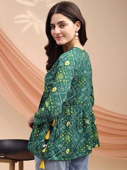 Women Bandhani Print Peplum Kurti With Tassles and Kodi