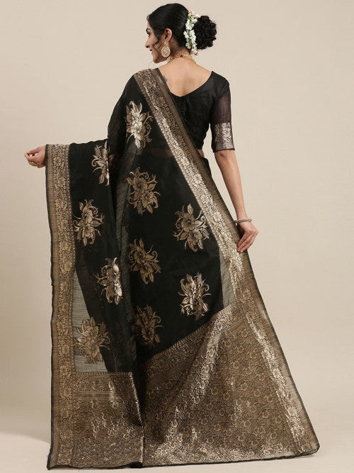 Black Floral Linen Blend Banarasi Saree