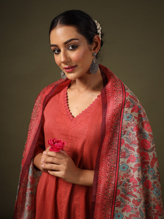 Anarkali Pure Cotton Kurta With Trousers & Dupatta