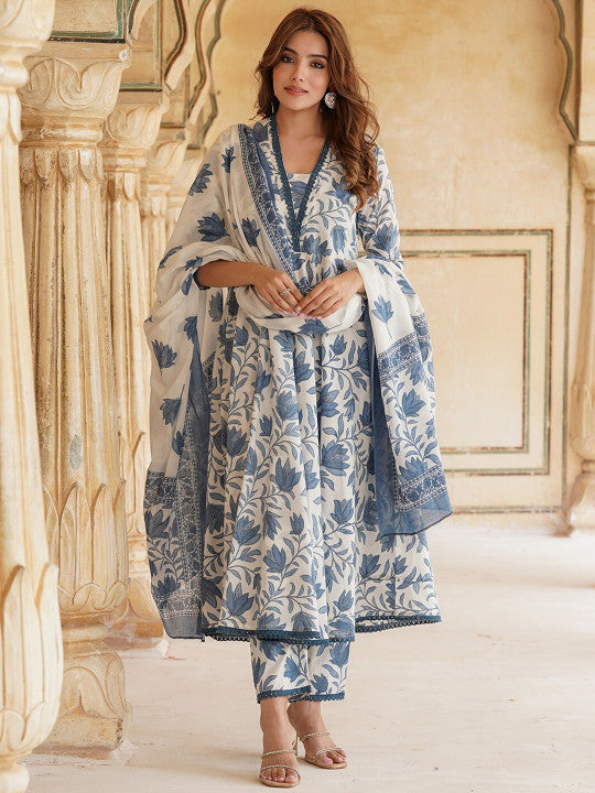 Floral Printed Anarkali Pure Cotton Kurta with Trousers & Dupatta
