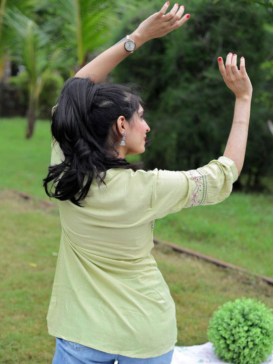 Floral Embroidered Mandarin Collar A-Line Kurti