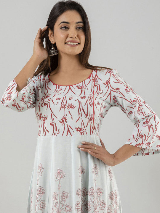 Women Ethnic Motifs Printed Round Neck Block Print Anarkali Kurti